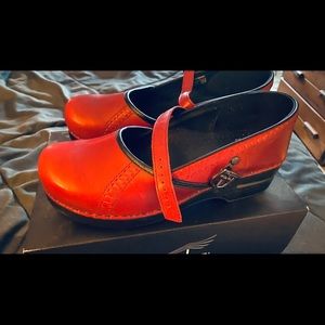 Dansko nursing clogs. Worn outside only once and are very comfortable.